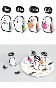 Detail of cute Halloween ghost lollipop cards with Hey, Boo, Hello, and Eek signs