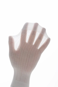 Close-up of white breathable mesh socks showing high elasticity and thin texture