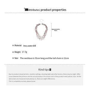 Detail view of multi-layer beaded necklace with iron chain and rhinestone measurements