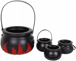 Set of four black plastic Halloween witch cauldrons with flame details and handles