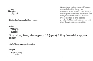 Technical specs for AJ119 anxiety ring with 10mm width and adjustable opening size