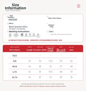 Size chart for slim fit yoga short sleeve tops with polyamide and elastane fabric details