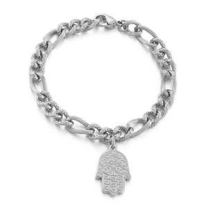 Bracciale a catena in acciaio argentato con ciondolo a mano di Fatima finemente inciso