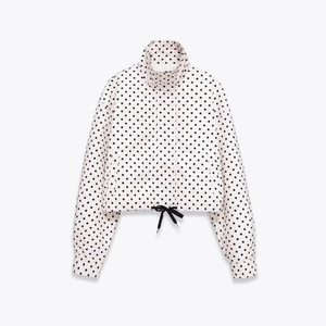 Chaqueta acolchada blanca con lunares negros para mujer, cuello alto y dobladillo ajustable