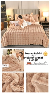 Macro detail of warm camel faux rabbit fur blanket with luxury 3D square texture
