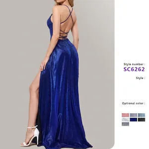 Sequin Evening Gown Backless Cross Strap High Split Sparkling Floor Length Formal Party Dress For Women Elegant