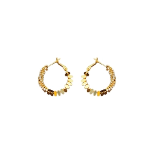 Golden hoop earrings with oval sequins and clear cubic zirconia on white background