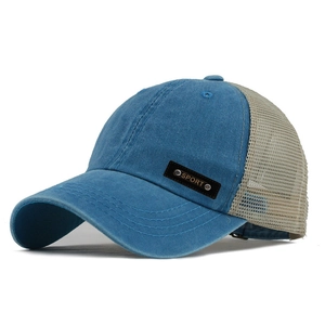 Blue washed denim baseball cap with beige mesh and SPORT leather patch detail