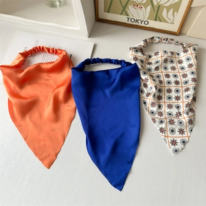 Set of satin elastic headscarves in solid orange, blue and geometric compass pattern