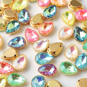 Teardrop Glass Rhinestones With Gold Metal Base Sew On Claw Stones For DIY Clothing Shoes Accessories Colorful Faceted