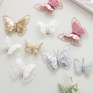 Butterfly Clips Mesh Glitter Faux Artificial Pearl Christmas Tree Hanging Ornaments Double Layer Sparkling Party Decor