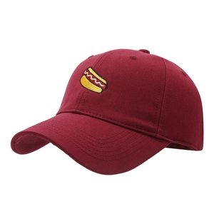 Classic maroon cotton baseball cap with embroidered hot dog logo on a curved brim hat