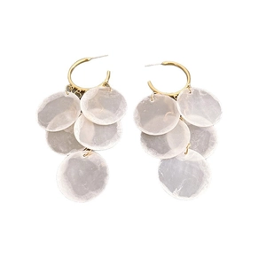 Summer tassel shell earrings with gold C-shape rings and white translucent round petals