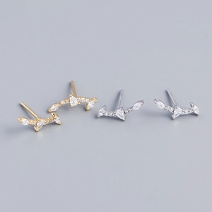 Geometric Curved Bar Stud Earrings 925 Sterling Silver Zircon Inlaid Minimalist Elegant French Style For Women