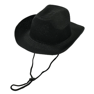 Classic black woven western cowboy straw hat with adjustable wind lanyard and sun protection