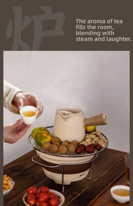 Chinese stove tea set with ceramic pot, metal grill, and traditional snacks macro view
