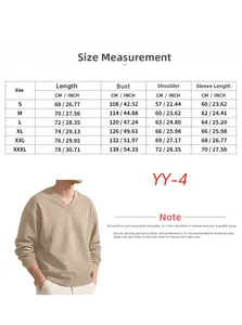 Detailed size chart for men jacquard knit sweater including length chest and sleeve info