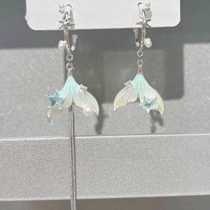 Asymmetric mermaid tail earrings with blue crystals and long tassels on S925 silver needles