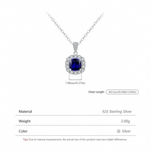 S925 Sterling Silver necklace with blue cushion-cut gemstone and halo diamonds