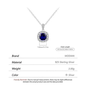 Collana in argento sterling S925 con gemma blu taglio cushion e halo di diamanti
