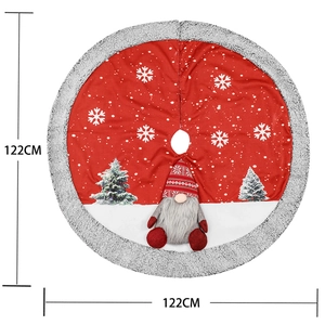 122cm Christmas tree skirt featuring red burlap fabric with cute festive gnomes and grey fur trim