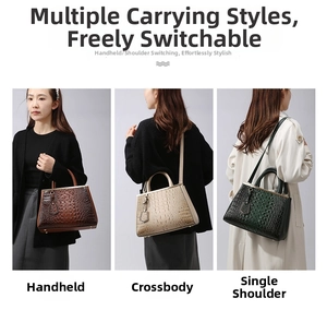 Three-way carry display of croc-embossed tote bag showing top-handle, crossbody, and shoulder styles