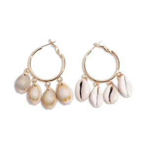 Bohemian gold hoop earrings with four natural shell pendants in symmetrical display
