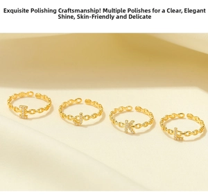 Macro shot of S925 silver gold-plated open rings with zircon alphabet I J K L charms