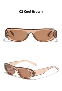 Detail view of cool brown Y2K square sunglasses with translucent frames and wide temples