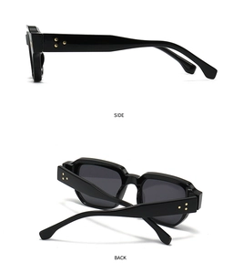 Side and back view of retro square black sunglasses with gold rivet details on thick temples