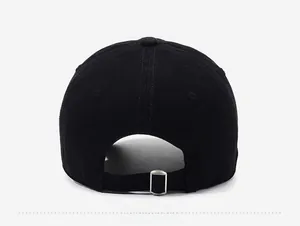 Rear view of black cotton baseball cap showing adjustable metal buckle and six-panel design