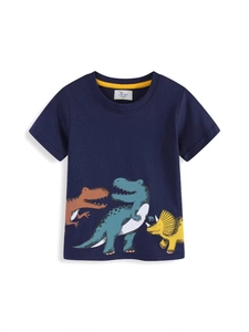 Navy blue boys cotton t-shirt with three colorful dinosaur cartoon prints on front