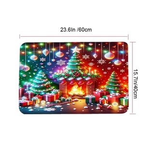 Detailed view of the 60x40cm Christmas themed bath mat with festive fireplace and tree print