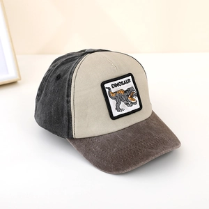 Detailed view of color-block kids baseball cap with dinosaur embroidery and brown visor