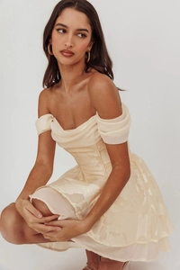 Detailed close-up of champagne off-shoulder dress with intricate floral lace embroidery