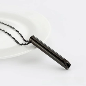 Détail macro du collier pendentif sifflet noir en acier inoxydable sur une assiette blanche