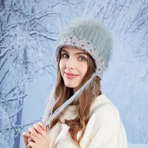 Women Winter Faux Fur Knitted Hat Warm Ear Flap Tassel Beanie Colorful Dot Crochet Plush Cap