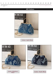 Size guide for denim handbag showing dimensions and available blue color variants