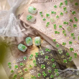Four-Leaf Clover Nail Art Stickers Lucky Green Lucky Clover Self Adhesive 3D Relief Decals Holographic Fresh Japanese Style