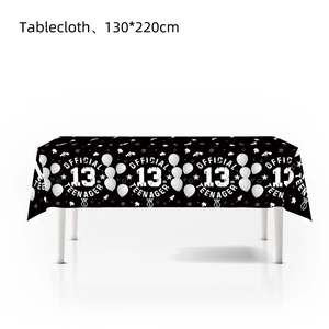 Waterproof black tablecloth with white 13th birthday graphics and 130x220cm size markings