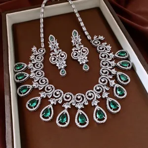 Luxury emerald zircon teardrop necklace and earring jewelry set in premium gift box