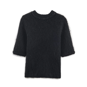 Chic black knit short sleeve sweater with bead embellishments on neckline and cuffs