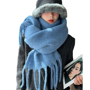 Thick royal blue mohair winter scarf for women with long fringe and soft texture