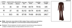 Size chart showing S, M, L dimensions for long sleeve flare jumpsuit in centimeters