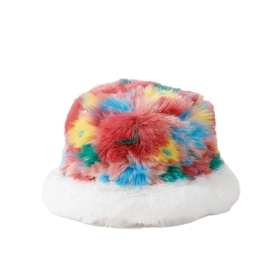 Colorful tie-dye plush bucket hat for women with thick white fuzzy brim for winter