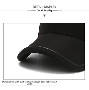 Macro detail of men's black cap featuring a reinforced brim with textured weaving