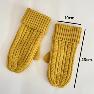 Detailed size view of mustard yellow cable knit mittens with dimensions of 23cm by 10cm