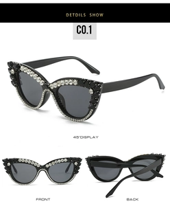 Detailed views of cat-eye sunglasses with luxury rhinestones and black frame
