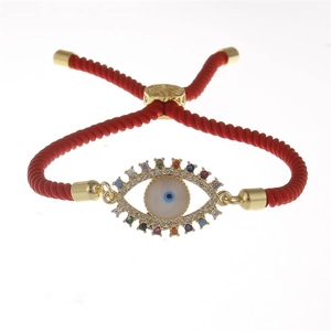Adjustable red rope Evil Eye bracelet with gold plating and colorful zircon stones