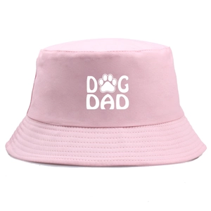 Pink cotton Dog Dad bucket hat with white paw print logo for casual outdoor sun protection